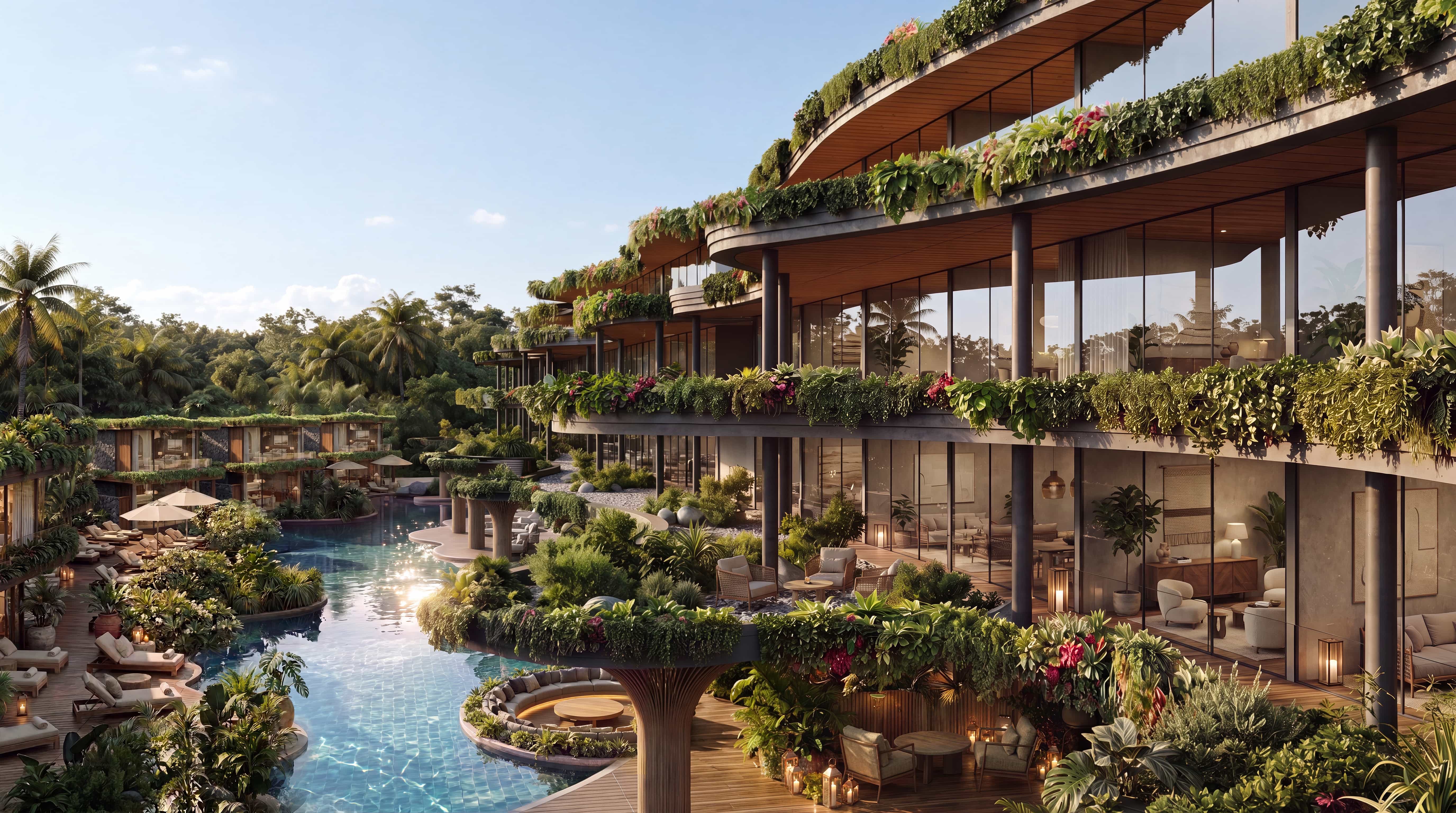 The VARA resort set into the slope above Jimbaran — pools, gardens and planted terraces